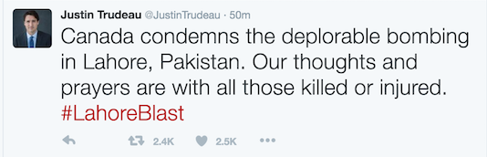 Justin Trudeau condemns Lahore Blast