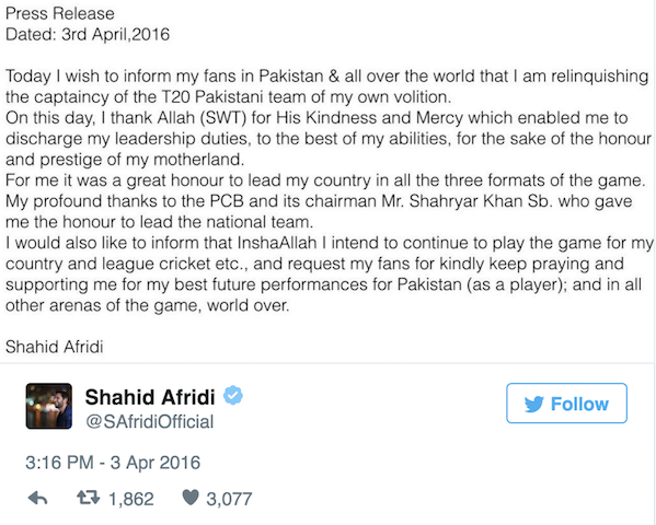 Afridi resigns as T20 captain