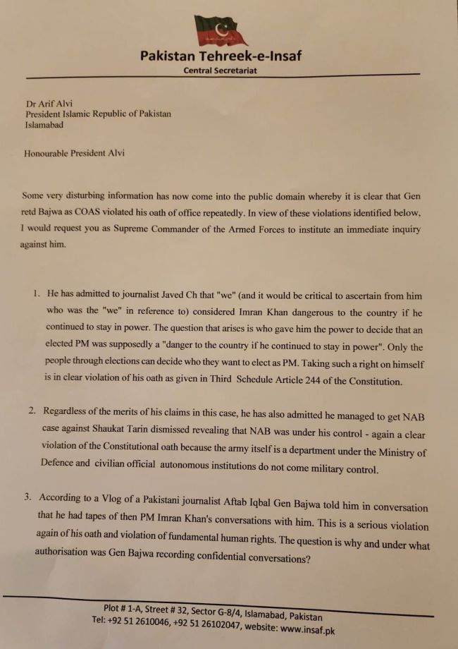 Imran Khan's letter to Arif Alvi, Gen Qamar Jvaid Bajwa