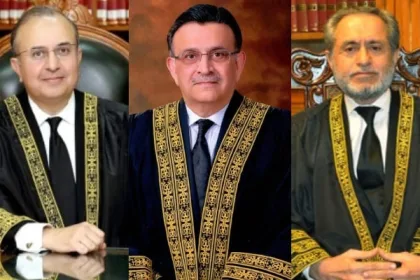 Justice Syed Mansoor Ali Shah, Chief Justice of Pakistan Umar Ata Bandial, and Justice Jamal Khan Mandokhail
