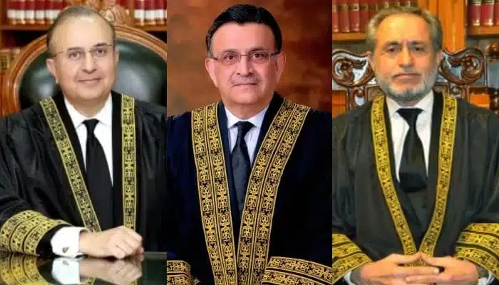 Justice Syed Mansoor Ali Shah, Chief Justice of Pakistan Umar Ata Bandial, and Justice Jamal Khan Mandokhail