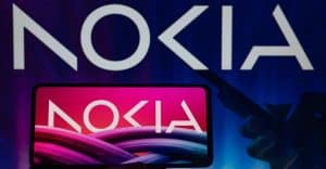 Nokia logo displayed above a smartphone screen with bright blue and pink lighting.