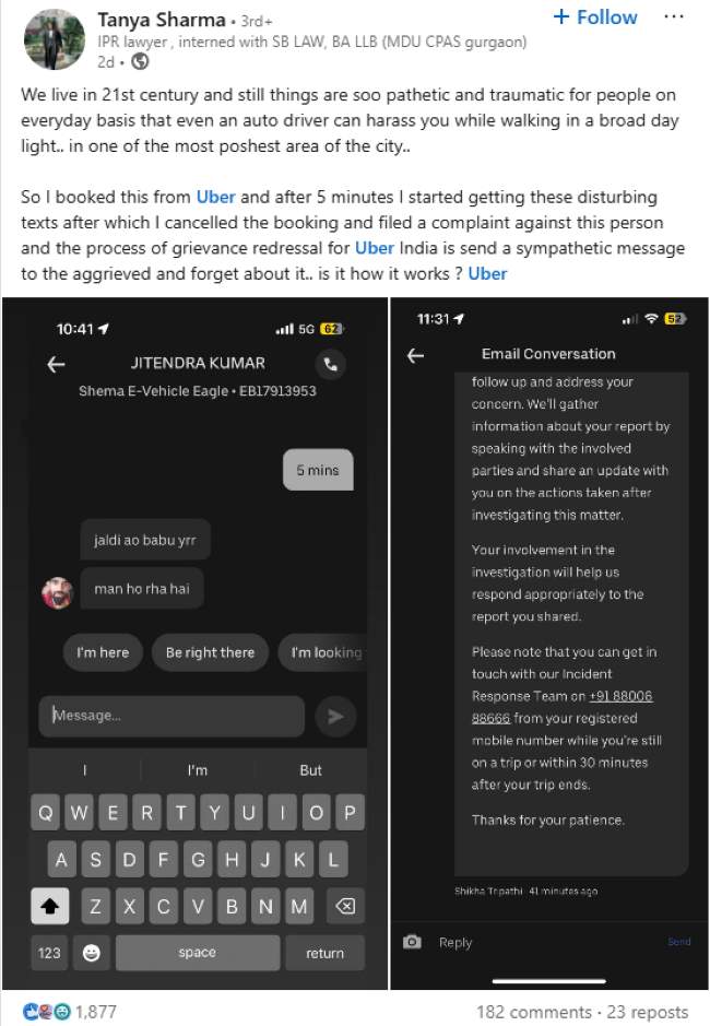 Tanya Sharma Indian lawyer who reported  "Jaldi Aao Babu" Text sent to her by an Uber driver