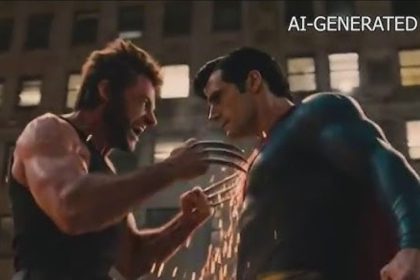 AI-generated video frame of Wolverine and Superman characters confronting each other.