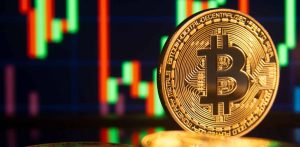 Golden Bitcoin coin with digital stock market candlestick charts glowing in the background.