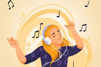 Illustration of woman dancing with headphones among musical notes and waves.