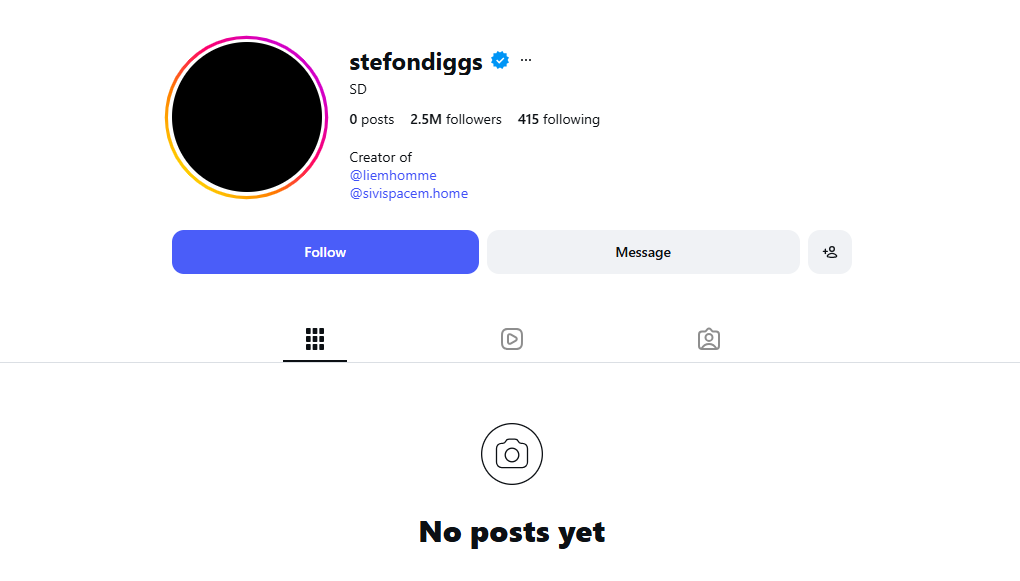 Stefon Diggs’ blank Instagram page after the NFL star deleted his previous posts, prompting online chatter among fans. (Instagram / @stefondiggs)