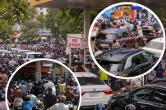Indian motorists queue at a petrol pump amid fuel panic triggered by Hormuz Strait supply disruptions.