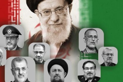 Graphic showing portraits of key Iranian leaders killed in recent Israeli–U.S. strikes, including senior advisers, intelligence officials, and Revolutionary Guard commanders.