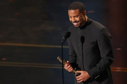 Michael B. Jordan holding his Academy Award for Best Actor backstage at the 2026 Oscars on March 15, 2026.