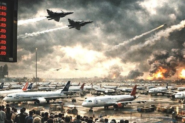 An illustration shows aircraft grounded and flights marked “cancelled” amid escalating conflict, highlighting widespread travel disruption.