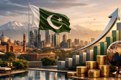 Pakistan economic growth concept with flag, rising chart and city skyline