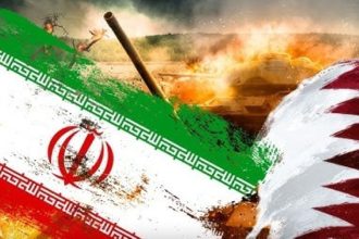 Iran and Qatar flags over a battlefield scene with fire and a tank silhouette