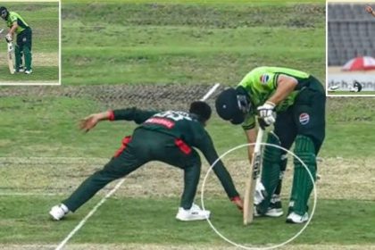 Salman Ali Agha during his run-out dismissal by Mehidy Hasan.