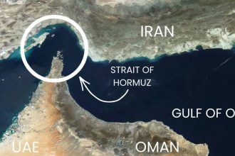 Satellite image of the Strait of Hormuz connecting Persian Gulf to Gulf of Oman