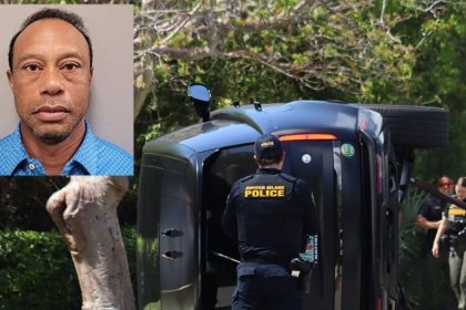 Wrecked Range Rover on its side after Tiger Woods’ rollover crash on Jupiter Island, Florida, in March 2026.