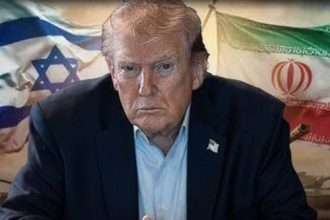 Composite image of President Donald Trump, Israeli and Iranian flags against a tense backdrop.
