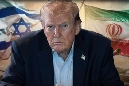 Composite image of President Donald Trump, Israeli and Iranian flags against a tense backdrop.