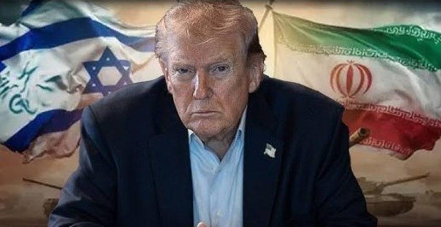 Composite image of President Donald Trump, Israeli and Iranian flags against a tense backdrop.