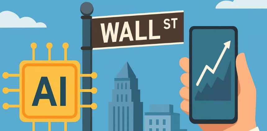 Wall Street sign beside a mobile device displaying an increase in AI stock prices.