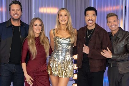 Luke Bryan, Carrie Underwood, Nikki Glaser, Lionel Richie and Ryan Seacrest on the American Idol set during a Top 7 performance episode.