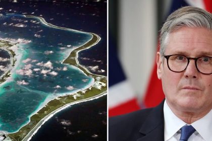Side-by-side image of an aerial view of the Chagos Islands and a portrait of UK Prime Minister Keir Starmer
