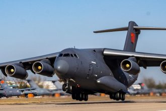 A Y-20 large transport aircraft of the Chinese People's Liberation Army (PLA) Air Force.