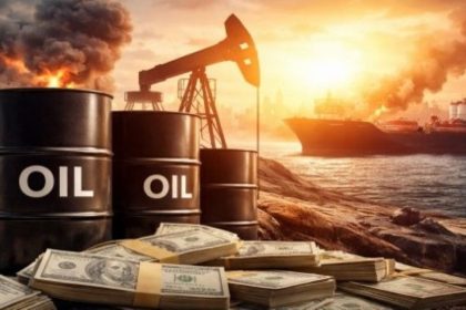 Oil barrels, stacks of U.S. dollars, an oil pump and a tanker ship in a graphic about crude oil prices.
