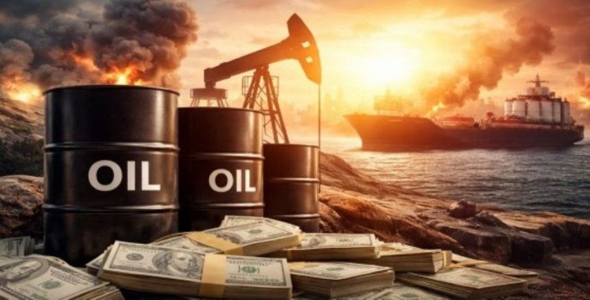 Oil barrels, stacks of U.S. dollars, an oil pump and a tanker ship in a graphic about crude oil prices.
