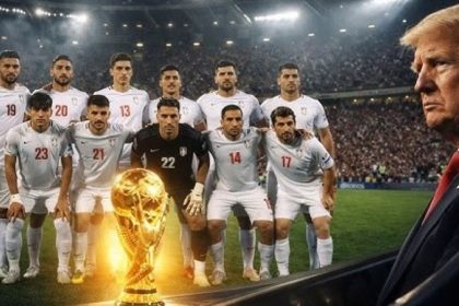 Image features Iran's football team, FIFA world cup trophy and US President Donald Trump