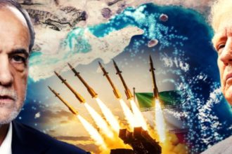 Composite image showing the Iranian President on the left and the U.S. President on the right, with missiles launching in the center against a Strait of Hormuz map backdrop.