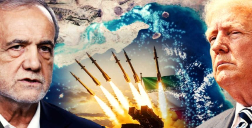 Composite image showing the Iranian President on the left and the U.S. President on the right, with missiles launching in the center against a Strait of Hormuz map backdrop.
