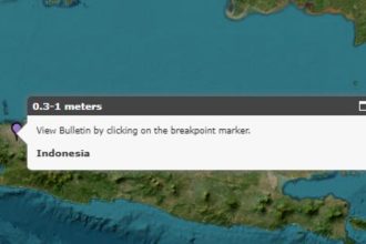 Map of Indonesia showing a tsunami bulletin marker and an alert box indicating expected wave heights of 0.3 to 1 metres.