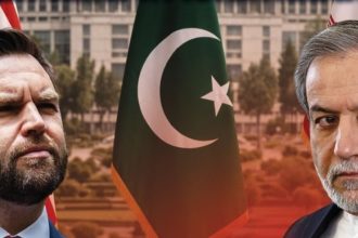 JD Vance and Abbas Araghchi shown in a split-image graphic with the Pakistani flag in the center and US and Iranian flags in the background.