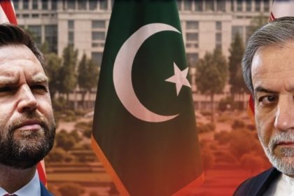 JD Vance and Abbas Araghchi shown in a split-image graphic with the Pakistani flag in the center and US and Iranian flags in the background.