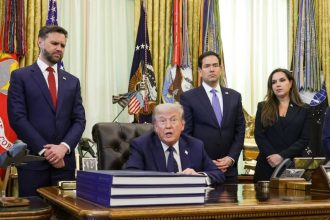 President Trump during a meeting with U.S., Israeli and Lebanese officials in the Oval Office on April 23.