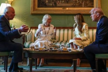 King Charles III, Queen Camilla, Melania Trump and Donald Trump during afternoon tea at the White House.