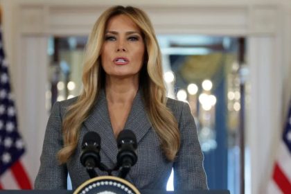 First Lady Melania Trump speaks in the Grand Foyer of the White House on April 9