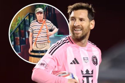 A composite image shows football star Lionel Messi in an Inter Miami jersey alongside an inset of a character styled like El Chavo del Ocho.