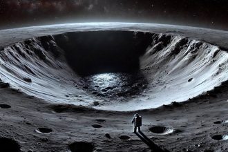 Artwork showing astronauts, robots, and equipment exploring the Moon’s polar surface for volatile resources.