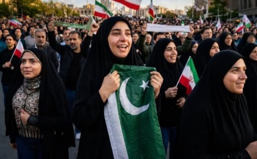 Large crowd at a rally in Tehran, with women in black attire in the foreground and one woman holding a Pakistani flag while others wave Iranian flags.