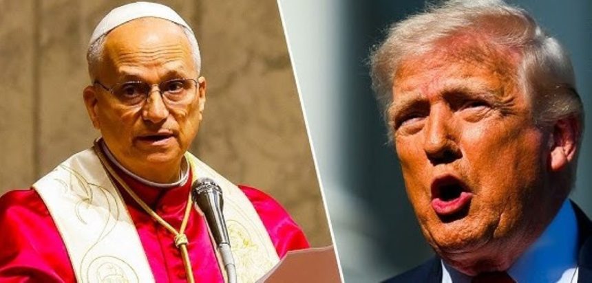 Split image of Pope Leo speaking at a microphone and Donald Trump.