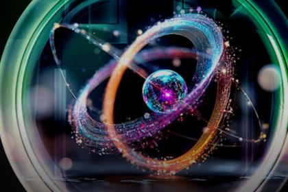 Digital illustration of a glowing central sphere surrounded by colorful orbit-like rings in a futuristic dark setting.