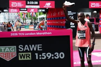 Sabastian Sawe after finishing the London Marathon with a time of 1:59:30.