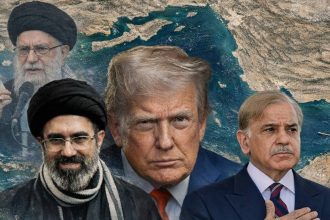 Collage featuring Iran’s Supreme Leader, Donald Trump, and Shehbaz Sharif over a satellite image of the Strait of Hormuz.