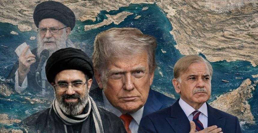 Collage featuring Iran’s Supreme Leader, Donald Trump, and Shehbaz Sharif over a satellite image of the Strait of Hormuz.