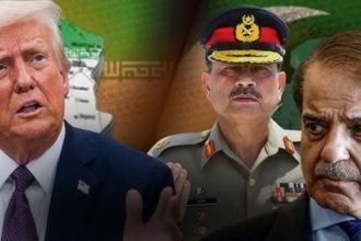 Composite image showing Donald Trump on the left, General Asim Munir in the middle, and Prime Minister Shehbaz Sharif on the right.