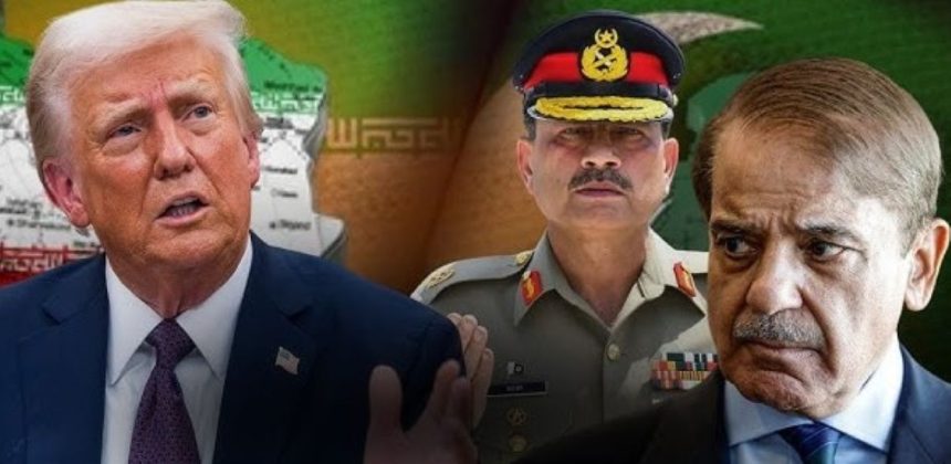 Composite image showing Donald Trump on the left, General Asim Munir in the middle, and Prime Minister Shehbaz Sharif on the right.
