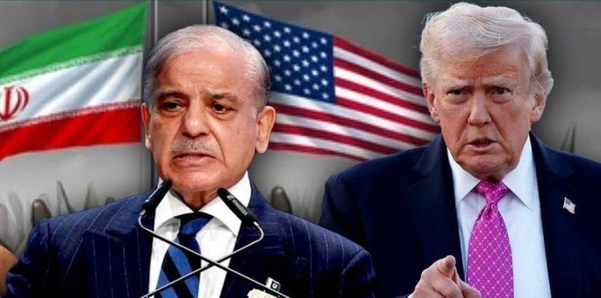 A composite image shows a Pakistan Prime Minister Shehbaz Sharif and a U.S. President Donald Trump against the flags of Iran and the United States.