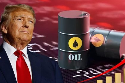 A graphic shows Donald Trump beside oil barrels and a rising arrow, symbolising higher oil prices.